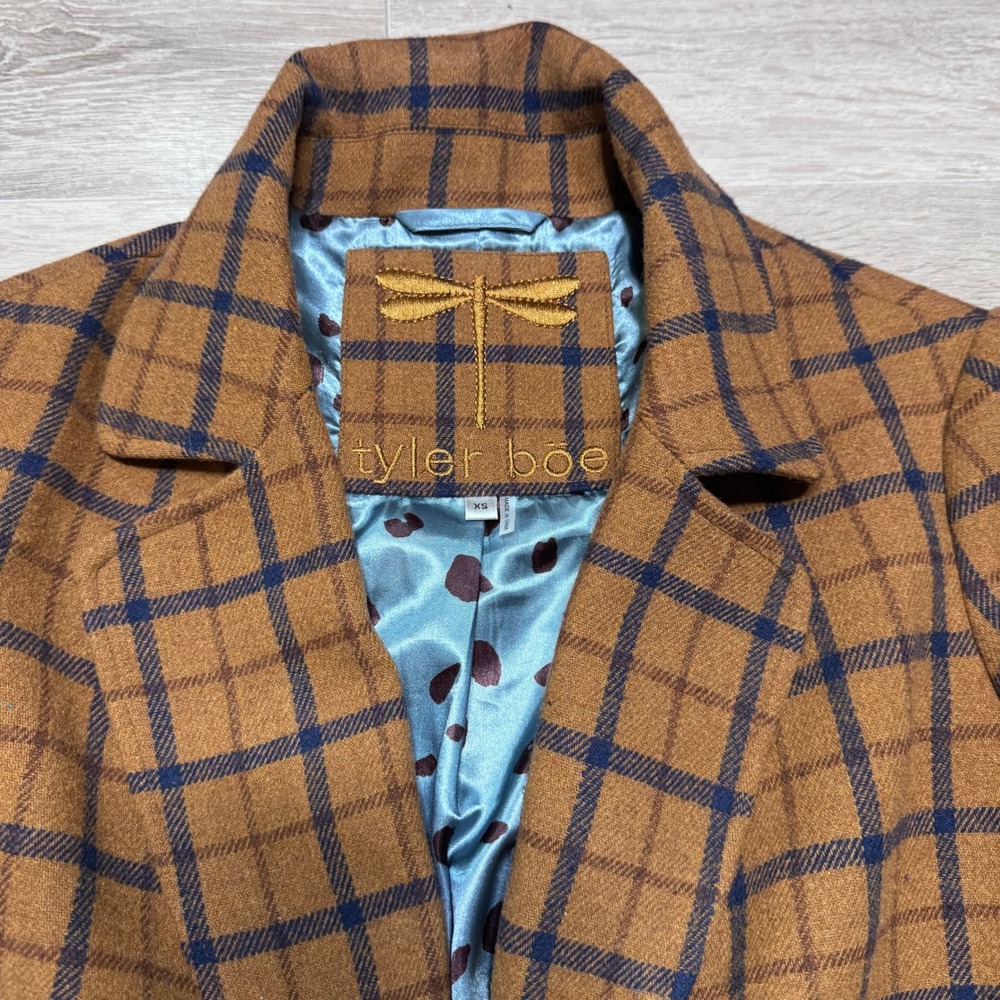 Tyler Boe Womens XS Plaid Wool Blend Coat Brown Navy Blue Leopard Lined Xsmall - Picture 3 of 8